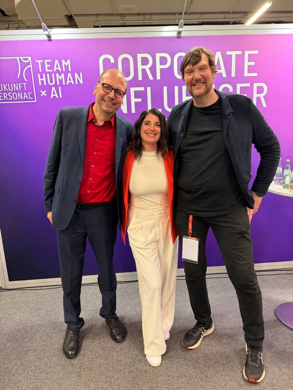Stefan von Gagern with Selma Kuyas and Klaus Eck after their panel on GEO and corporate influencers at Zukunft Personal Europe 2026 in Cologne, Germany
