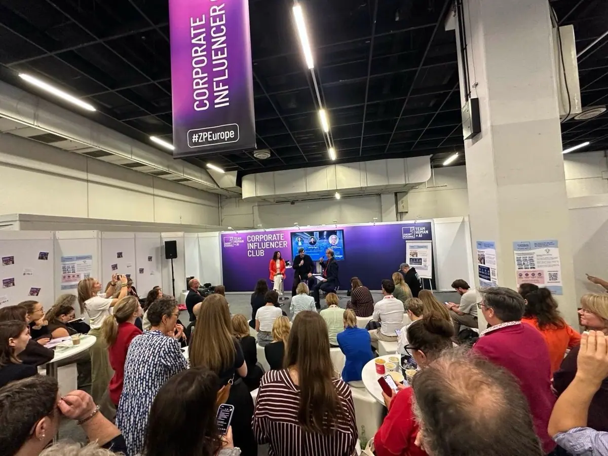 A packed audience at the panel on GEO and corporate influencers on the Corporate Influencer Club Stage at Zukunft Personal Europe 2026 in Cologne, Germany
